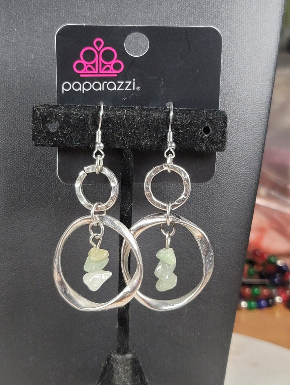 paparazzi Silver Hoop Earrings with Pale Green Chip Dangles
